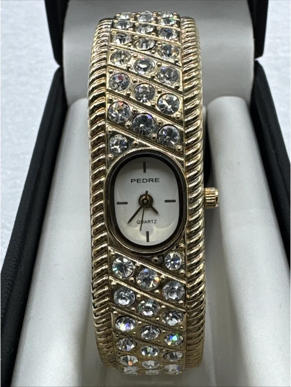 Vintage Pedre Gold Tone Bangle Watch Studded With Rhinestones New Battery W/Box